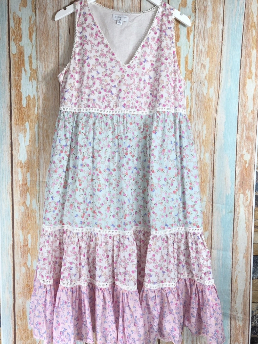 LoveShackFancy x Target floral babydoll dress W/tiered patchwork pattern. Size L